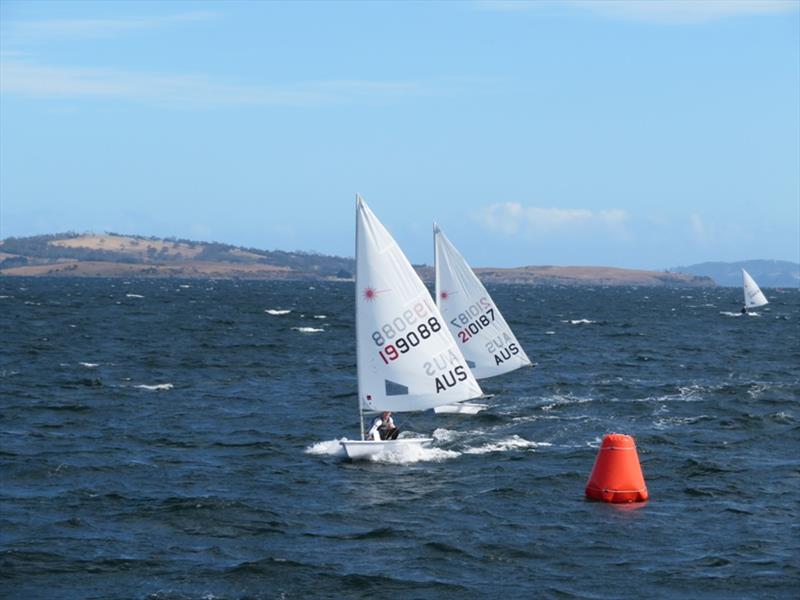 Zac Littlewood (WA) leading Kye Wonn Lee (Singapore) to the leeward mark in the Laser Radials - Day 3, Australian Sailing Youth Championships 2019 photo copyright Michelle Denney taken at Royal Yacht Club of Tasmania and featuring the ILCA 6 class