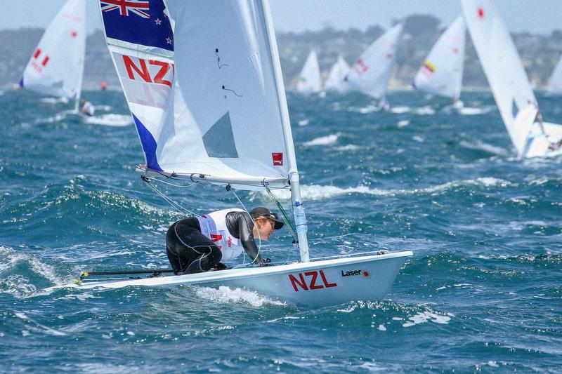 Olivia Christie gybes for the leeward mark - 2016 Youth Worlds photo copyright Richard Gladwell taken at Torbay Sailing Club and featuring the ILCA 6 class