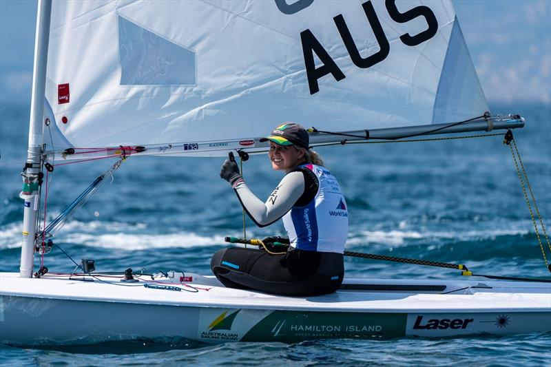 Elyse Ainsworth gives the thumbs up to going racing - Genoa World Cup Series 2019 photo copyright Beau Outteridge taken at  and featuring the ILCA 6 class