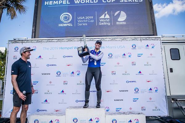 Malcolm Page and U.S. Laser Radial Sailor Paige Railey celebrate her proud win at the 2019 Hempel World Cup Series Miami photo copyright JESUS RENEDO / SAILING ENERGY / WORLD SAILING taken at St. Francis Yacht Club and featuring the ILCA 6 class