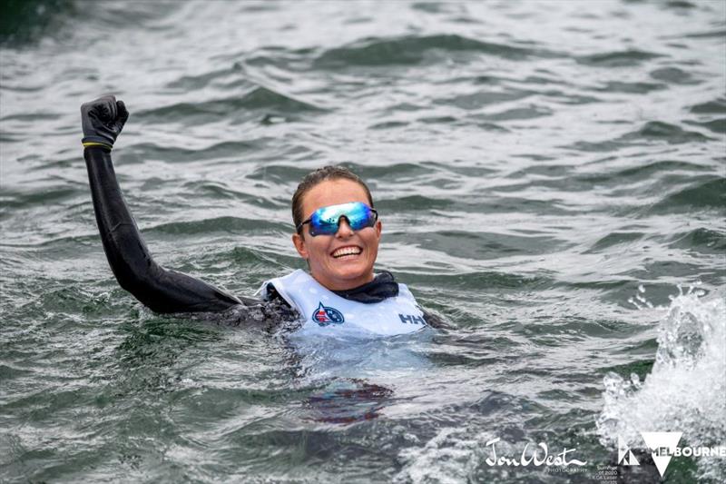 Bronze medallist Line Flem Host celebrates with a dip - Laser Radial World Championship 2020 - photo © Jon West Photography