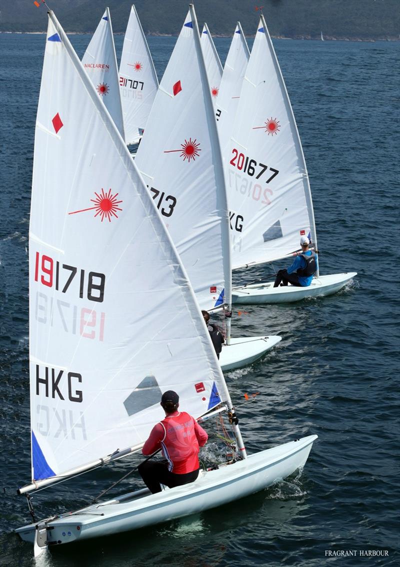 Lasers cross the start line - 2020 Open Dinghy Regatta, Day 2 photo copyright Fragrant Harbour taken at Hebe Haven Yacht Club and featuring the ILCA 6 class