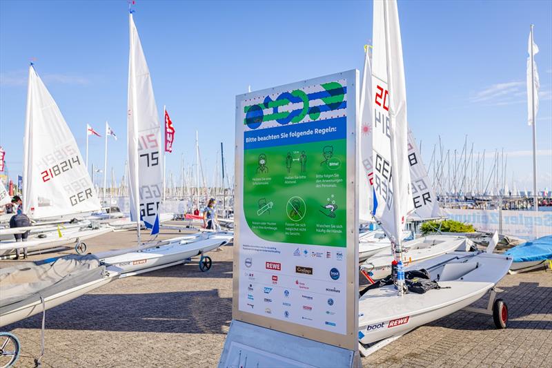 Corona signs dominated the optics in 2020. Everywhere the organizers pointed out the dangers and precautionary measures photo copyright S. Klahn/kieler-woche.de taken at  and featuring the ILCA 6 class