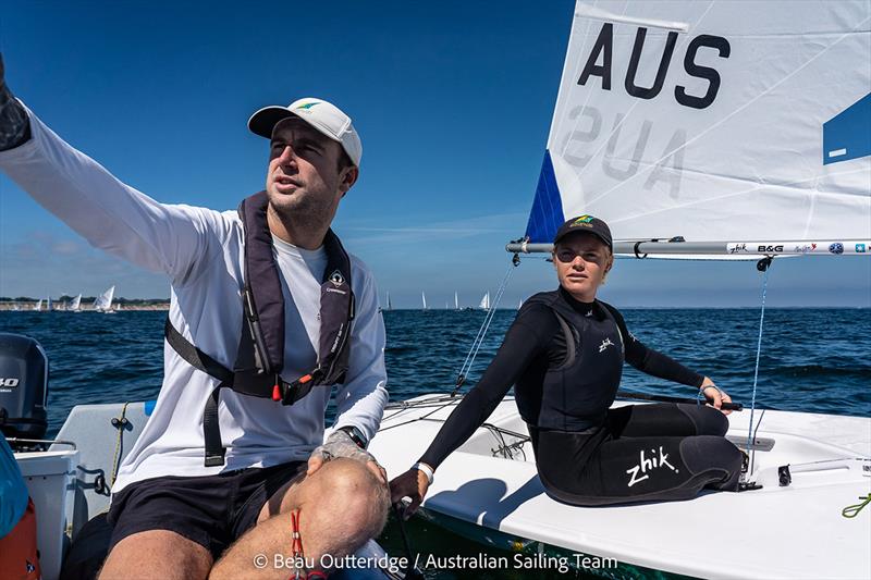 Mara Stransky (ILCA 6) talking with Ben Walkemeyer (Coach) while competing at Kieler Woche in Kiel, Germany. - photo © by Beau Outteridge / Australian Sailing Team