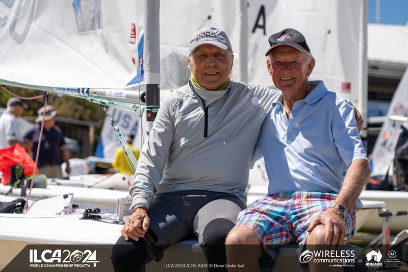 Peter Seidenberg (USA) and Peter Craig (AUS) are both 86 years old competing in this regatta - 2024 ILCA Masters World Championships photo copyright Harry Fisher / Down Under Sail taken at Adelaide Sailing Club and featuring the ILCA 6 class