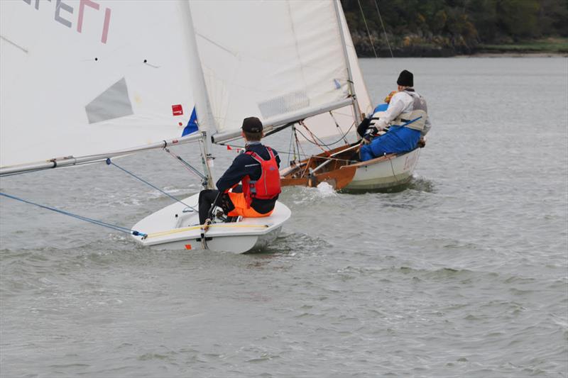 Steve Gaughan and Paul Bannister (Osprey) lead Toby Iglehart early in Race 2 during Solway Yacht Club's Easter River Races photo copyright Margaret Purkis taken at Solway Yacht Club and featuring the ILCA 6 class