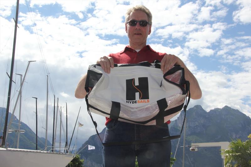 First Masters helm Ed Russo with his prize from Hyde Sails at the SB20 Grand Slam in Torbole photo copyright SB20 Italian Class Association taken at Circolo Vela Torbole and featuring the SB20 class