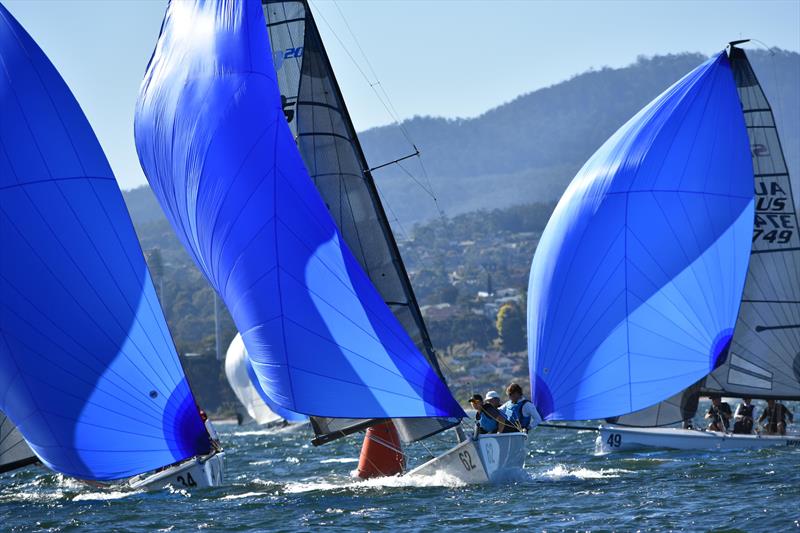 Export Roo (bow number 62) leading Porco Rosso on a fast spinnaker run during the SB20 Tasmanian Championship photo copyright Jane Austin taken at Royal Yacht Club of Tasmania and featuring the SB20 class