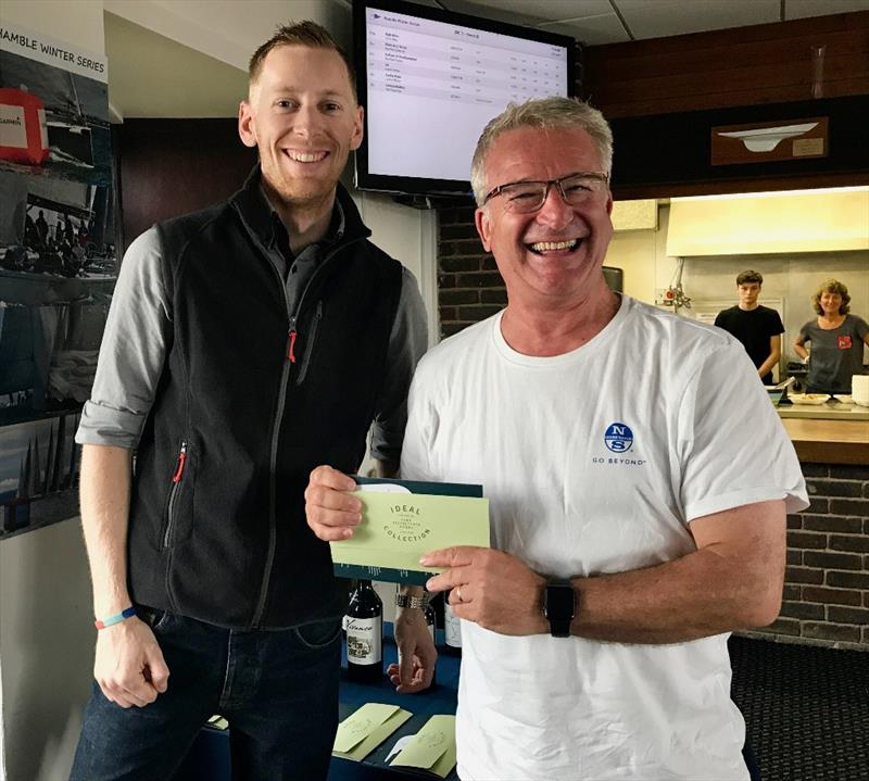 General Manager of The Bugle Hamble, presents Blackjack's Andy Howe with his prize photo copyright Louay Habib / Hamble Winter Series taken at Hamble River Sailing Club and featuring the SB20 class