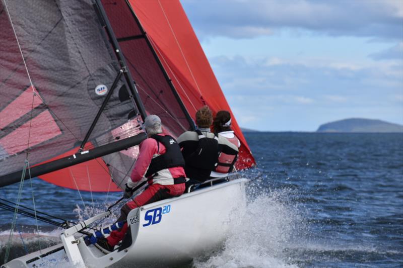 Rebellion has a head of speed up downwind (Stephen Catchpool, Cole Dabner and Elsie Austin) during the SB20 Pre-Christmas Summer Pennant Series photo copyright Jane Austin taken at Derwent Sailing Squadron and featuring the SB20 class