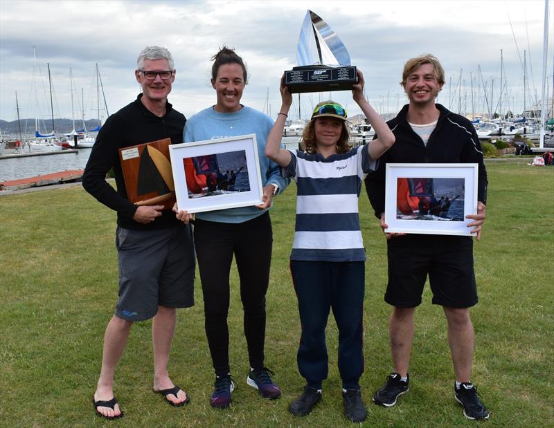 2021 SB20 Australian Championship: Winner, Team Mind Games (l-r) Phil Reid, Amelia Catt, Harry Gregory & Rohan Langford photo copyright Jane Austin taken at Derwent Sailing Squadron and featuring the SB20 class