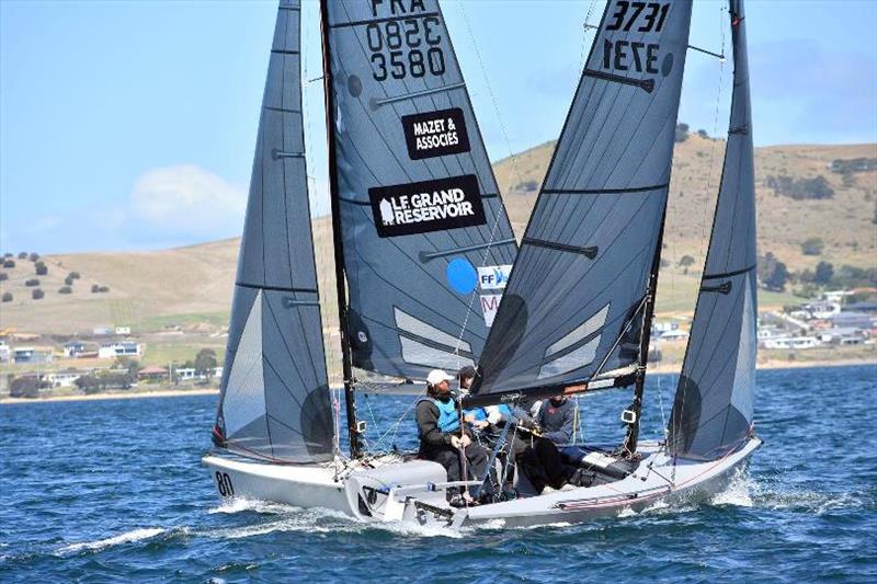 Day 4 - Le Grand Reservoice/Mazet and Assoicases and Export Roo crossing tacks – SB20 World Championship photo copyright Jane Austin taken at Royal Yacht Club of Tasmania and featuring the SB20 class