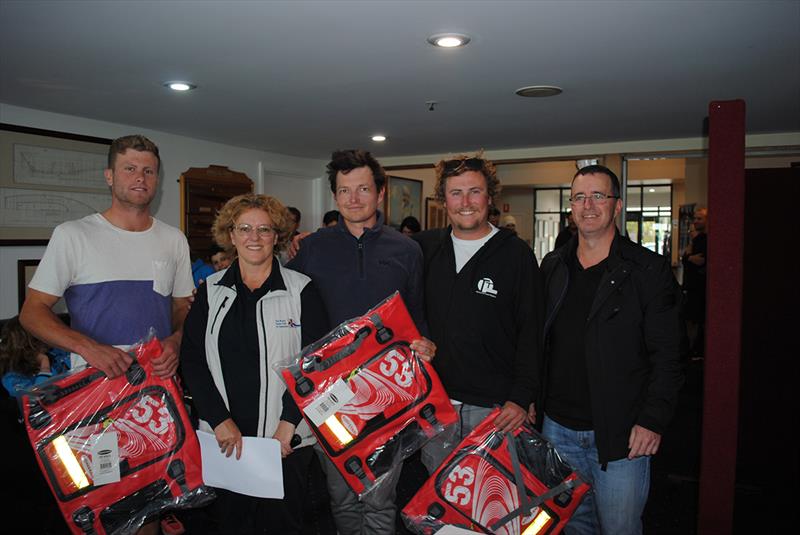 Winning crew of SB2o Smigger at the BMW Showdown prizegiving, from left, Lewis Noye, RYCT Commodore Tracy Matthews, David Chapman, Sam Tiedemann and BMW's Cameron Dick photo copyright Peter Campbell taken at Royal Yacht Club of Tasmania and featuring the SB20 class