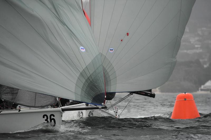 Bow 36 Honey Badger (Oli Burnell) and Aeolus (Brett Cooper) in a gybe contest to the finish line of Race Eight - 2019 SB20 Summer Pennant Series - photo © Jane Austin