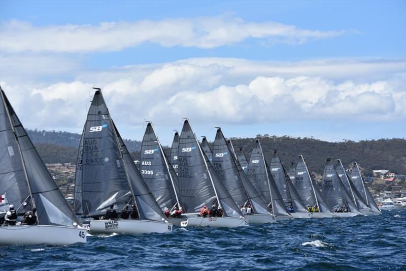 The SB20 fleet on the start line in Hobart on the River Derwent photo copyright Jane Austin taken at  and featuring the SB20 class