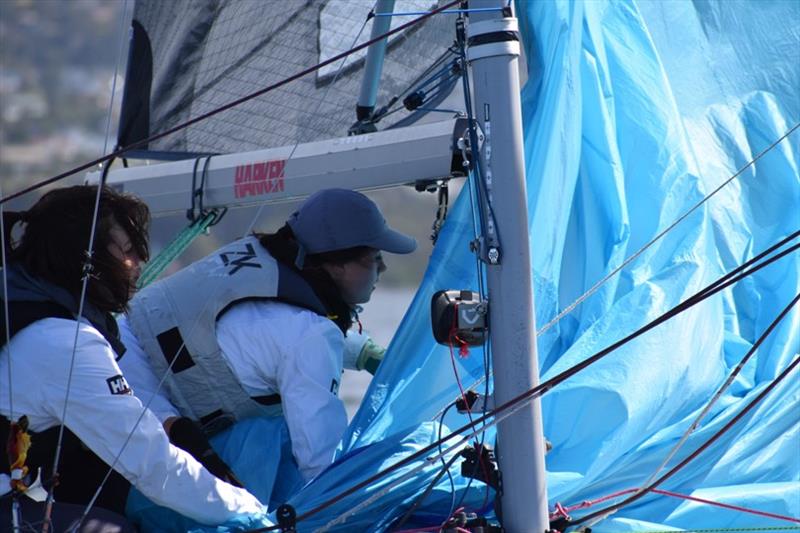 The Fahan School Team hard at work bringing in the spinnaker at the bottom mark - Harcourts Hobart SB20 Australian Championship photo copyright Jane Austin taken at Derwent Sailing Squadron and featuring the SB20 class