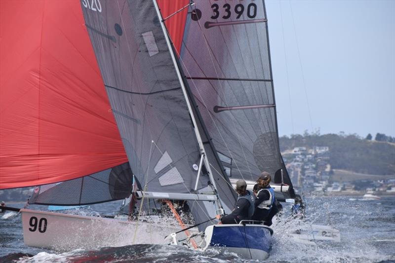 Day one leader Mind Games under pressure from Taz Racing Team - 2021 SB20 Australian Championship photo copyright Jane Austin taken at Derwent Sailing Squadron and featuring the SB20 class