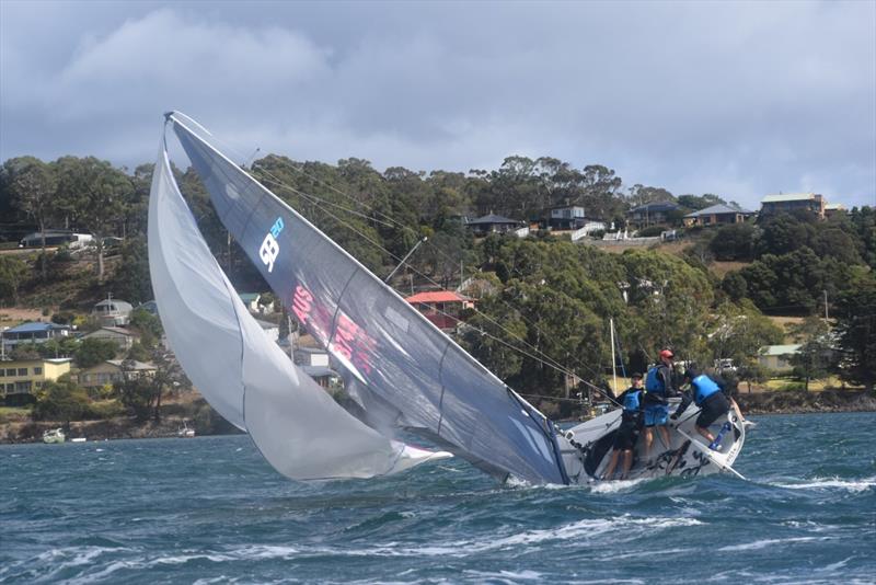 A tough day for Silver Gull broaching on the River Tamar on Day 2 of the SB20 Australian Championship - photo © Jane Austin