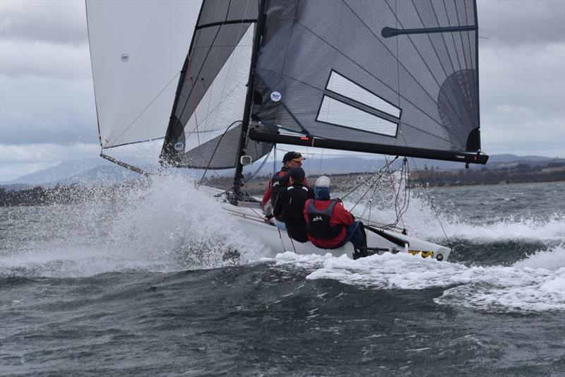 Simon Burrows, Cole Dabner and Nick Rogers sailing Karabos and leading the SB20 Australian Championship photo copyright Jane Austin taken at Port Dalrymple Yacht Club and featuring the SB20 class