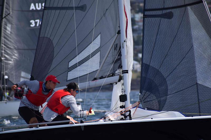 Eddie Reid and Will Sargent hoisting the kite on 'Porco Rosso' - SB20 Australian Championship at Bellerive day 2 photo copyright Jane Austin taken at Bellerive Yacht Club and featuring the SB20 class