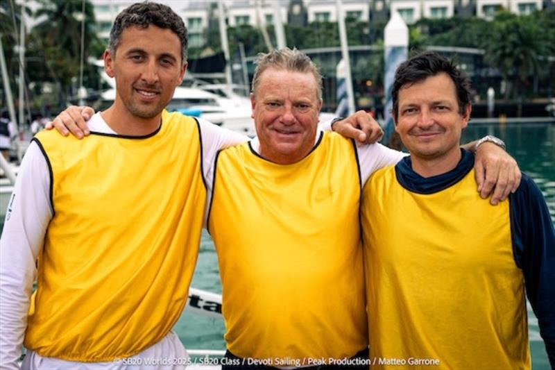 John Pollard (centre) with Henry Wetherell (left) and David Chapman (right) - photo © Matteo Garrone / SB20 Class