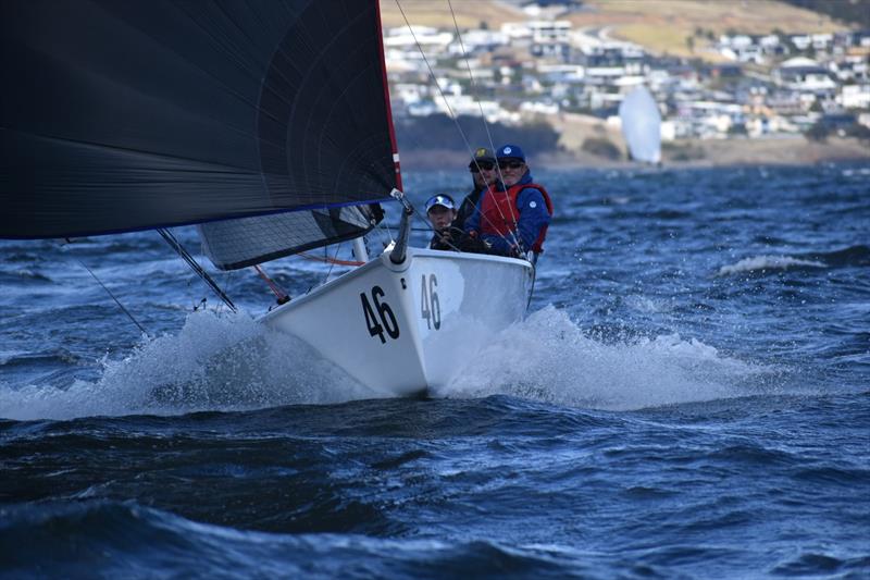 Eirini Marios powering her boat Ares to the finish - 2026 Storm Bay Apparel SB20 Australian Championship Day 2 photo copyright Jane Austin taken at Derwent Sailing Squadron and featuring the SB20 class