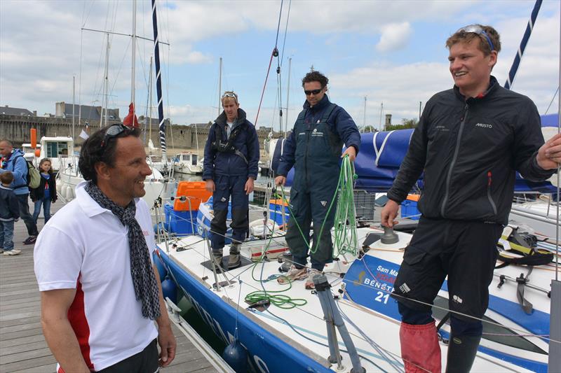 Solo Concarneau Rookie runner up Sam Matson chats with Alain Gautier after the finish photo copyright Artemis Offshore Academy taken at Société des Régates de Concarneau and featuring the Figaro class