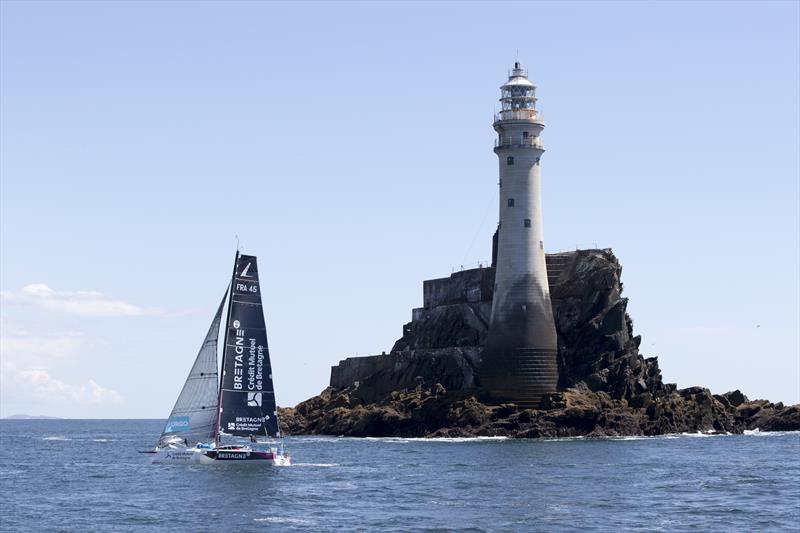 Tom Laperche rounds the Fastnet rock during stage 1 of the 50th Solitaire URGO Le Figaro photo copyright Alexis Courcoux taken at  and featuring the Figaro class
