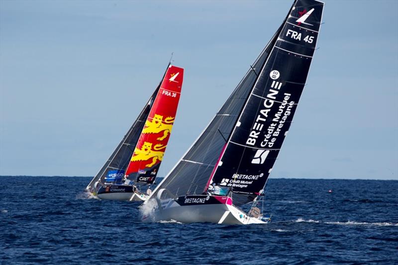 The Figaros after the passage of the lighthouse of Bishop during the 2nd stage of the 50th La Solitaie URGO Le Figaro - photo © Alexis Courcoux