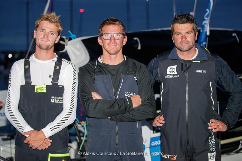 The podium of the 1st stage of the La Solitaire du Figaro - 1st Xavier Macaire, 2nd Lois Berrehar and 3rd Alexis Loison photo copyright Alexis Courcoux taken at  and featuring the Figaro class