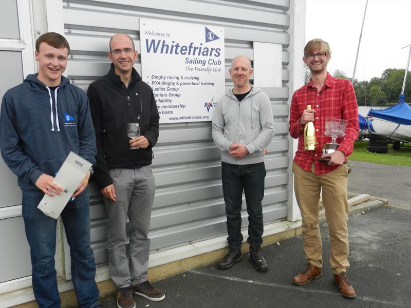 Prize winners (l-r) Junior Champion Andrew Robinson; 2nd Clive Evans, 3rd Spike Daniels, winner Paul White in the Lightning 368 Inlands at Whitefriars photo copyright Kathryn Whelan taken at Whitefriars Sailing Club and featuring the Lightning 368 class