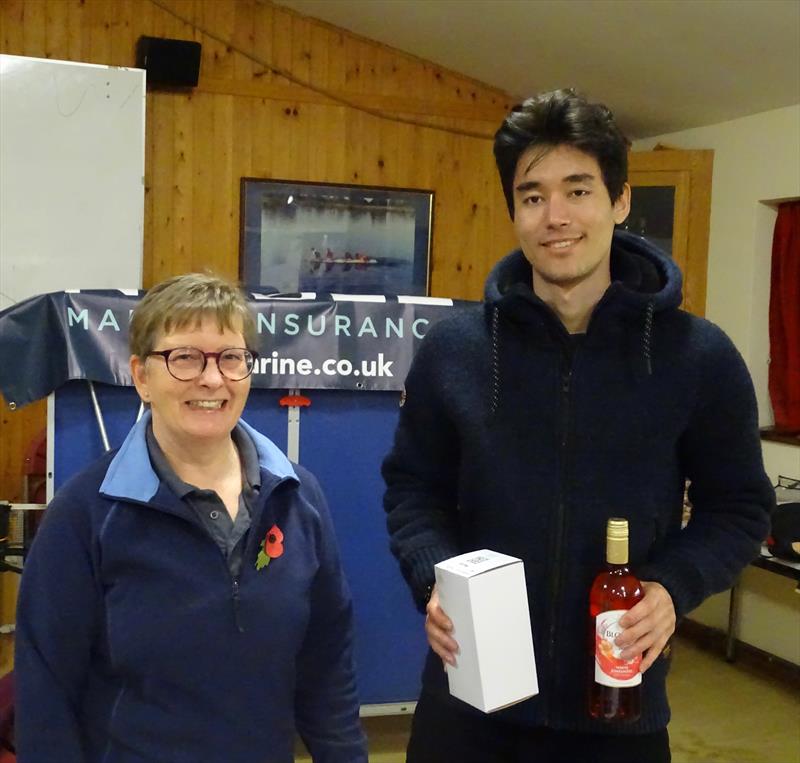 Winner Robbie Claridge receives his prizes in the Noble Marine Lightning 368 Open at West Oxfordshire SC photo copyright John Butler taken at West Oxfordshire Sailing Club and featuring the Lightning 368 class