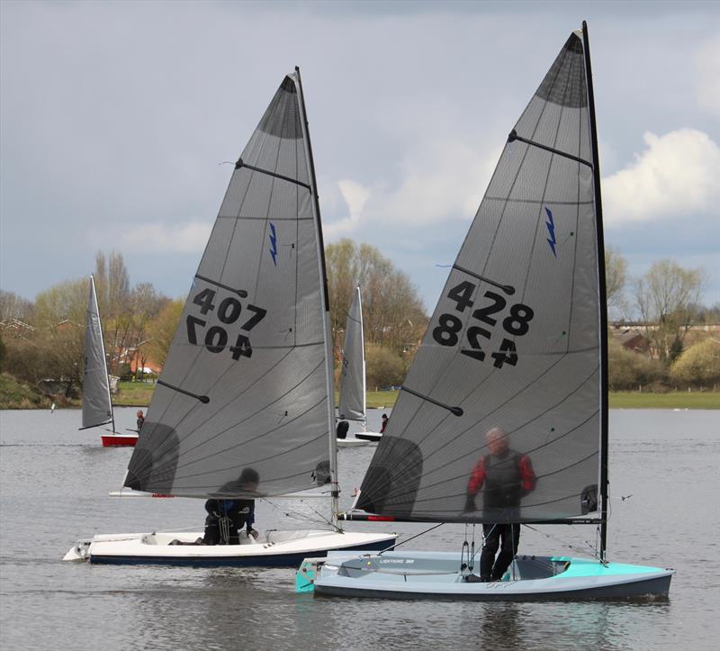 A difference in light air technique between Simon Hopkins (428) and Bryan Westley (407) during the Noble Marine Lightning 368 2022 Travellers Series at Aldridge photo copyright ?Diane Hodgson taken at Aldridge Sailing Club and featuring the Lightning 368 class