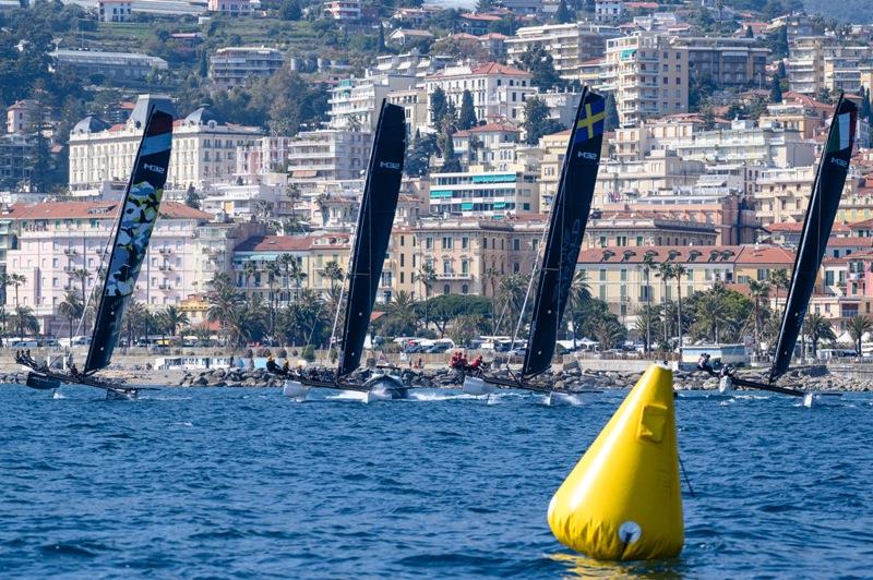 Reaching starts for the five identical M32 catamarans - 2019 M32 European Series Sanremo photo copyright Drew Malcolm / M32 European Series taken at Yacht Club Sanremo and featuring the M32 class