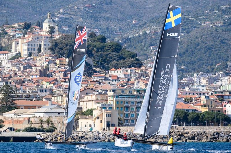 Match of the day was between GAC Pindar and Cape Crow Vikings, skippered here by Nicklas Dackhammar - 2019 M32 European Series Sanremo photo copyright Drew Malcolm / M32 European Series taken at Yacht Club Sanremo and featuring the M32 class