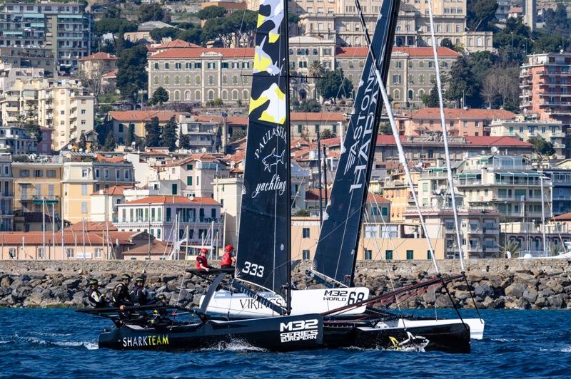 Team Shark fends off an advancing Cape Crow Vikings - 2019 M32 European Series Sanremo photo copyright Drew Malcolm / M32 European Series taken at Yacht Club Sanremo and featuring the M32 class