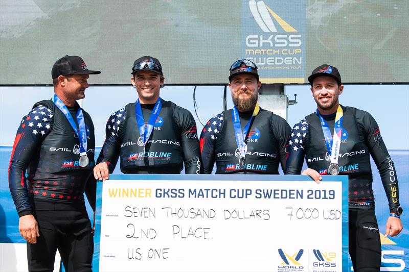 US One with skipper Taylor Canfield (USA) at the podium after the Men's final during Day 5 of Match Cup Sweden,  July 7, 2019 photo copyright Mathias Bergeld / World Match Racing Tour taken at  and featuring the M32 class