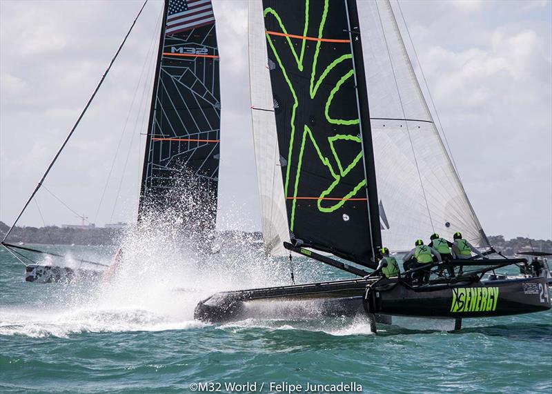Ryan DeVos returns on XS Energy, with Olympian and America's Cup sailor Mark Mendelblatt on tactics photo copyright Felipe Juncadella / M32 Worlds taken at  and featuring the M32 class