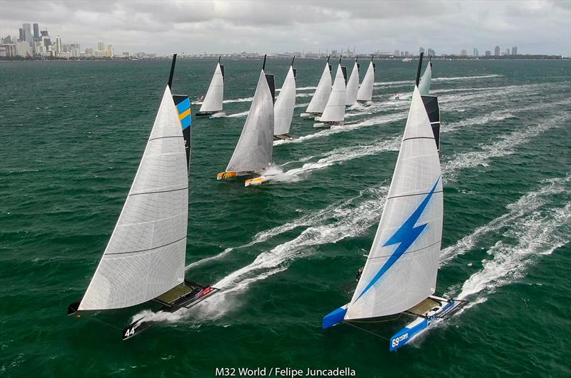 Team Bliksem with skipper Pieter Taselaar Leading the fleet at the M32 World Championship in Miami photo copyright m32world / Felipe Juncadella taken at  and featuring the M32 class
