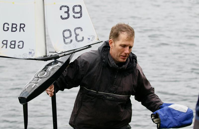 2021 M&S District Marblehead Championship - GAMES 5: Peter with UPFRONT, showing the offset pivot swing rig, which mimics the conventional jib/mainsail proportion photo copyright Gillian Pearson taken at Guildford Model Yacht Club and featuring the Marblehead class