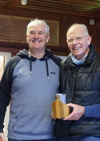 Marblehead GAMES 1 Chipstead - presentation by David Allinson of the Midgley Mug toRoger Stollery as the winner of the 10 event 2022 GAMES series photo copyright Stuart Ord-Hume taken at Chipstead Sailing Club and featuring the Marblehead class