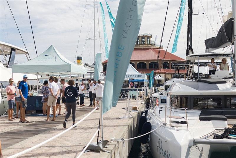 Yacht on show at VIBE 2024 with Harbor 360 Building in the background at IGY's Yacht Haven Grande St Thomas - photo © Savanah Willow