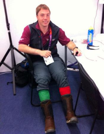 Tom Gruitt in his Ben Ainslie socks after a long day on the water at the 2012 Olympic Games - photo © Gael Pawson