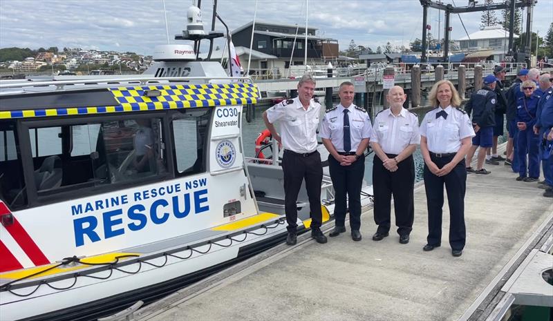 (L to R) Mark Halling - Commissioner Barrell - Andrew Cox - Unit Commander Jane Leach photo copyright Marine Rescue NSW taken at  and featuring the Marine Industry class