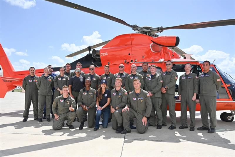 Department of Homeland Security Secretary Kristi Noem poses with personnel from Coast Guard Air Stations Corpus Christi and Houston, July 11, 2025, in Kerrville. Both air stations responded to a request for Coast Guard assistance in response to flooding - photo © Petty Officer 2nd Class Brandon Hillard