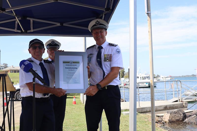 (l-r) Unit Commander Ian Turner - Zone Commander Darren Hulm and Acting Commissioner Darren Schott photo copyright Marine Rescue NSW  taken at  and featuring the Marine Industry class