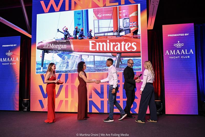 Foiling Awards IX - Olympic gold medallist Ellie Aldridge and Kai Hockley on stage with Greta Eline Poclen, Giulia Conti and Zoran Filicic, for the Sailing Team Award to Emirates Great Britain SailGP Team - photo © Martina Orsini / We Are Foiling Media