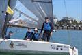 Louis Tilly (standing) and the winning crew from Royal Prince Alfred Yacht Club - William Hough, William Troop, Oliver Ross - in the Royal Geelong Yacht Club Open Match Racing Regatta &copy; Royal Geelong Yacht Club