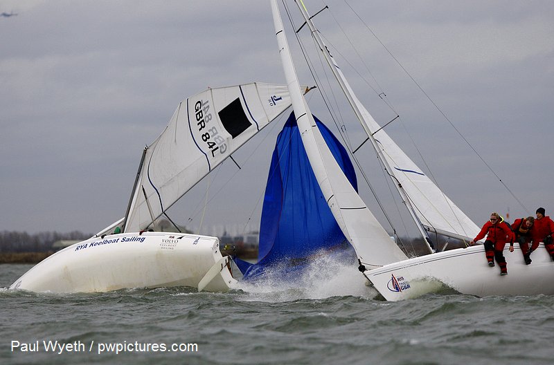 Racing on day one of the RYA Women’s Winter Challenge match racing at Queen Mary photo copyright Paul Wyeth / www.pwpictures.com taken at Queen Mary Sailing Club and featuring the Match Racing class