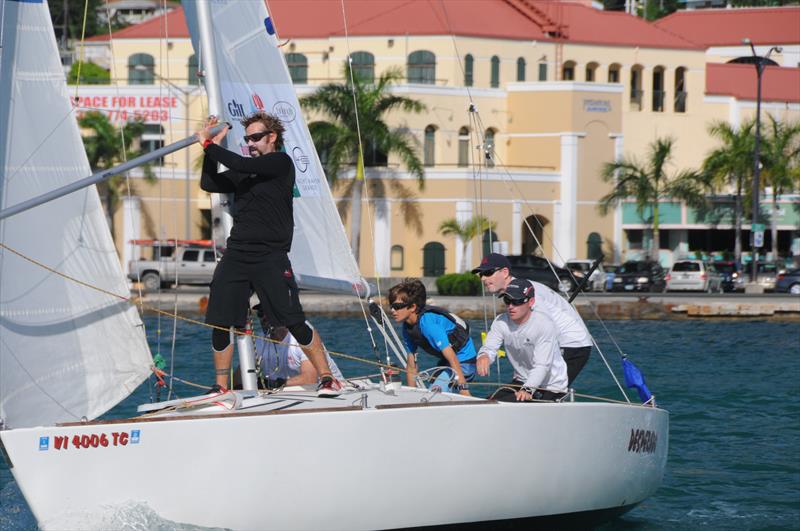 The winning team in action (l to r) Jordan Reece (seated), Don Wilson (standing in back), Teddy Nicolosi, Josh McCaffrey (by mast), and Willem van Waay (seated behind), not shown, Amanda Engeman, at the 6th Carlos Aguilar Match Race photo copyright Dean Barnes taken at St. Thomas Yacht Club and featuring the Match Racing class